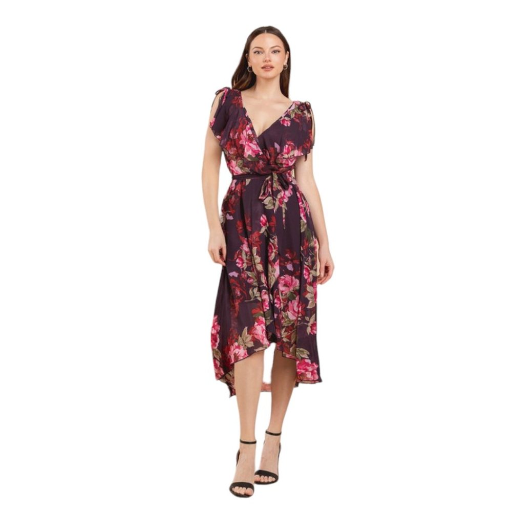 Plum and Red Roses Wrapped Ruffles Hi-Lo Midi Dress - Size 8 - Picture 5 of 8